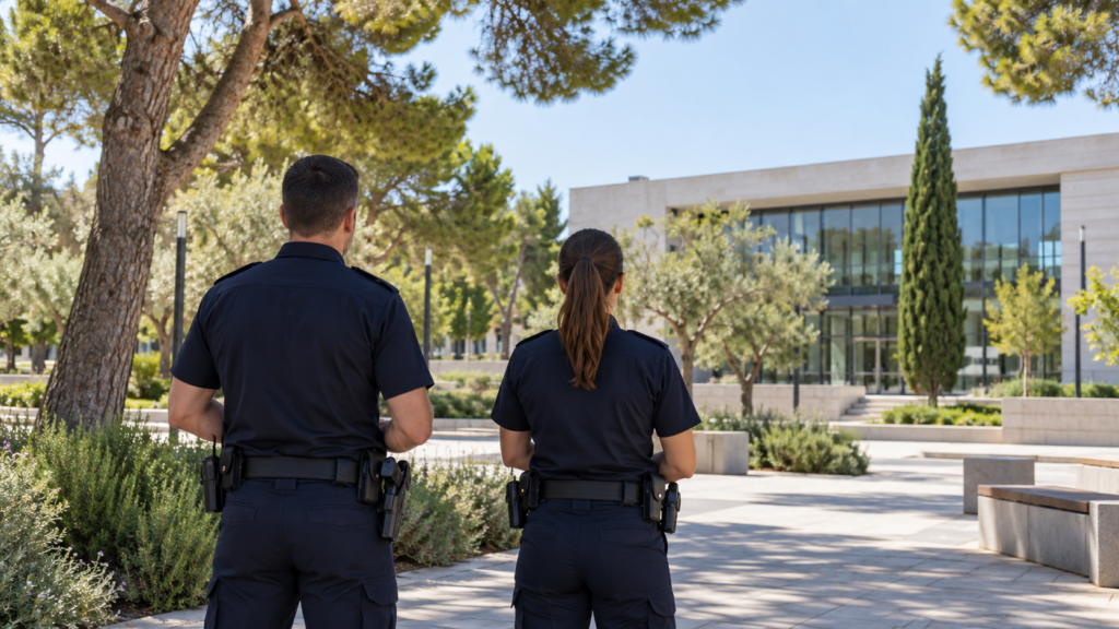 Agentes de policía local en una plaza arbolada de l’Eliana, imagen generada con IA