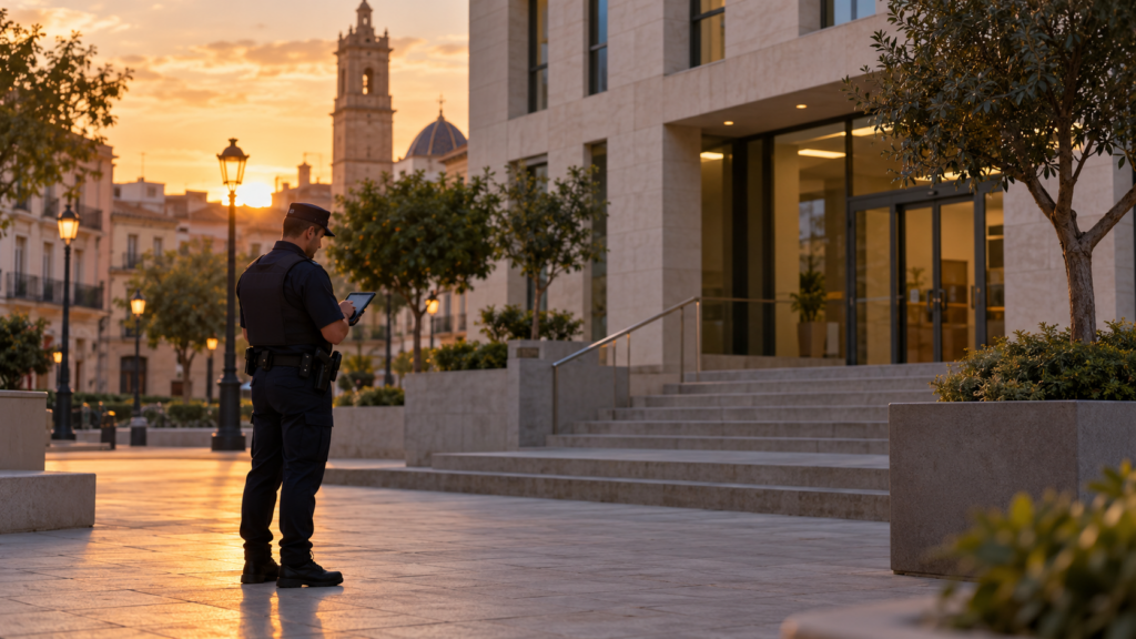 Agente de policía local en un entorno administrativo de Torrent, imagen generada con IA